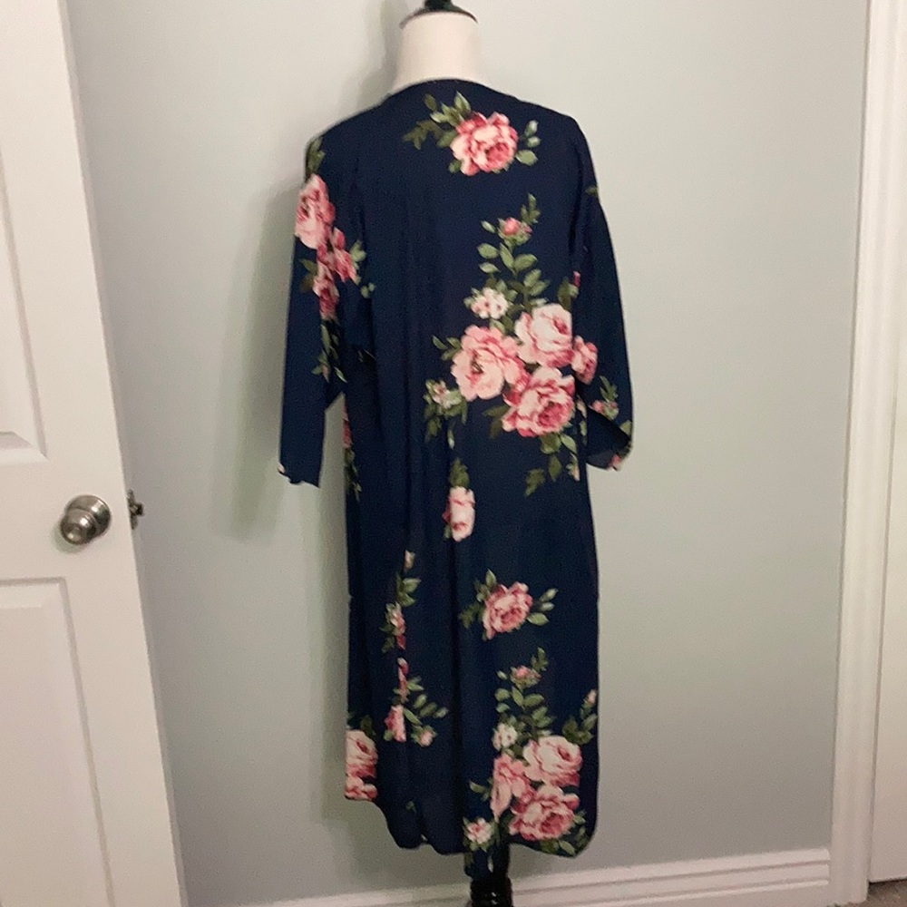 Chiffon Drapy Cardigan Blue with Pink Roses Swimsuit Cover